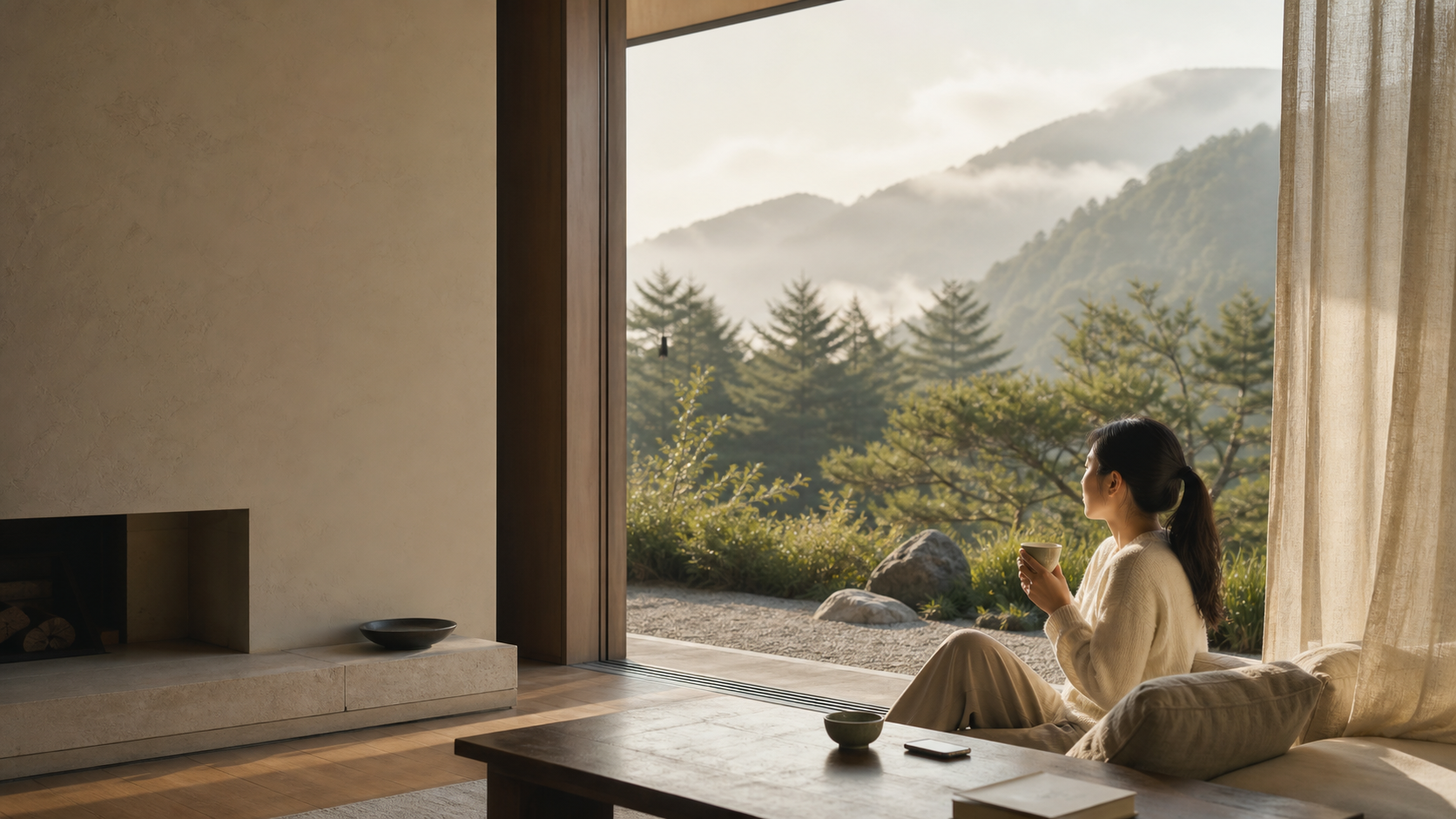 A quiet mountain home with a woman holding tea beside an open garden threshold