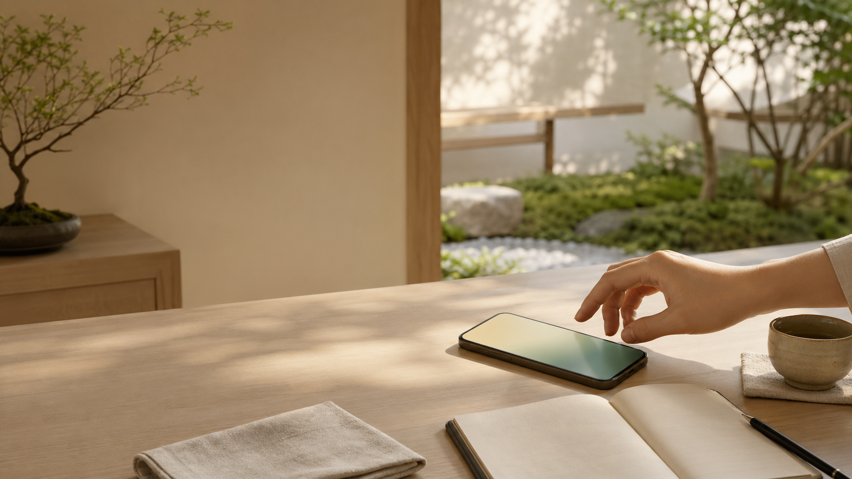A calm desk with a phone, tea, notebook, hand, and courtyard garden