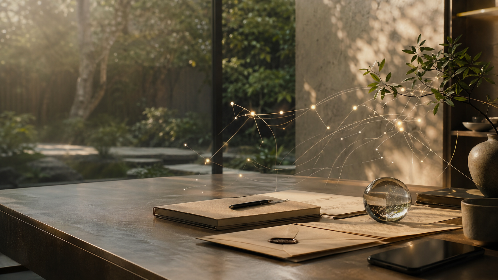 A quiet desk overlooking a garden with warm papers, a phone, and soft luminous lines suggesting a living intelligence network