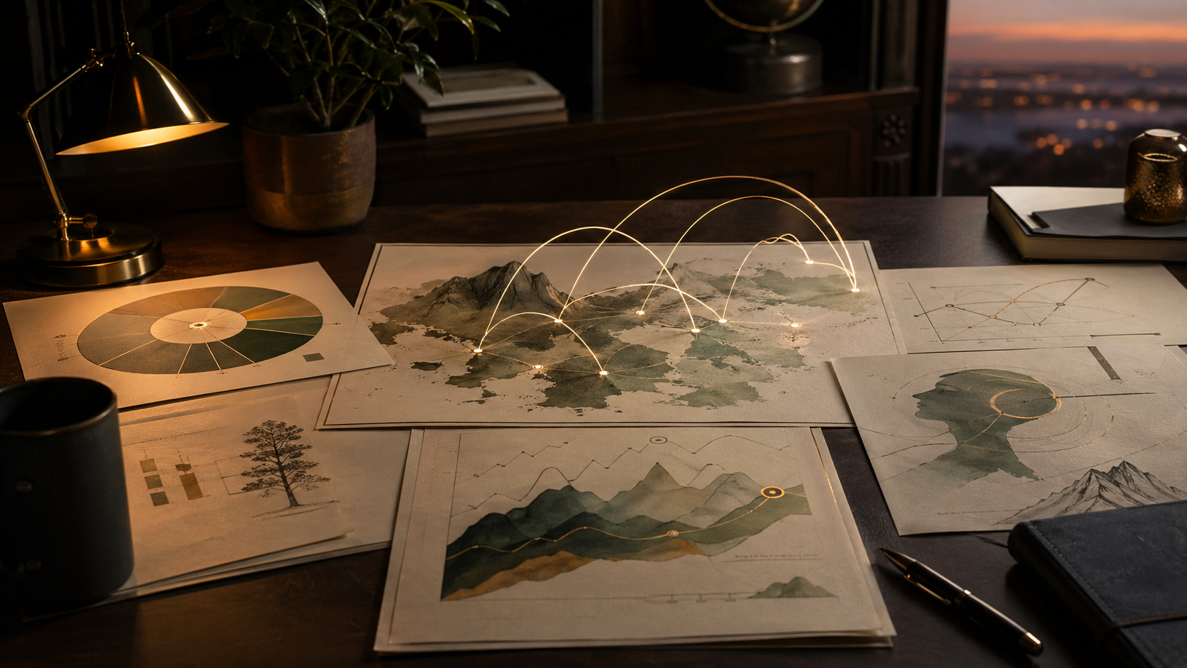 A quiet desk covered with abstract risk maps, portfolio charts, and warm light paths representing personalized risk coaching