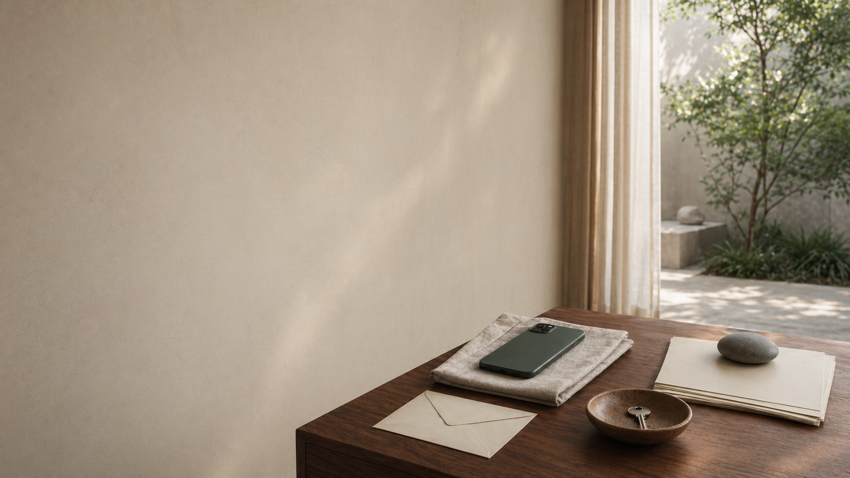 A quiet zen home study with a face-down phone, sealed envelope, house key, blank papers, and garden light