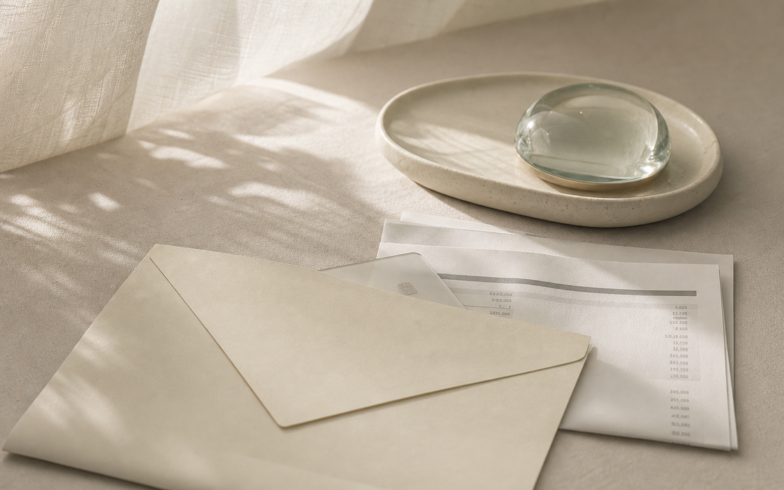 A quiet editorial still life with an envelope, translucent card, and savings papers in morning light